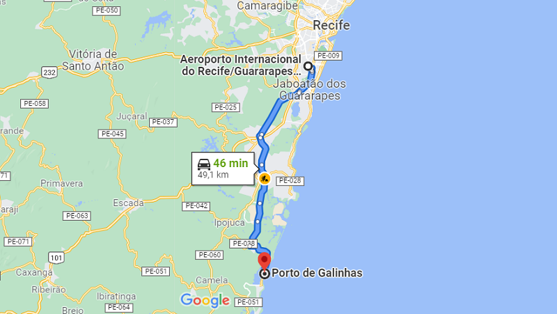 Mapa do aeroporto de Recife a Porto de Galinhas