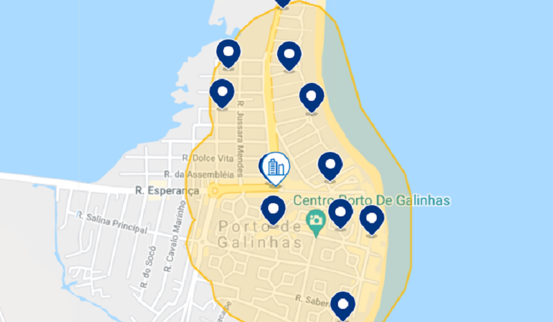 Mapa das melhores regiões para ficar em Porto de Galinhas
