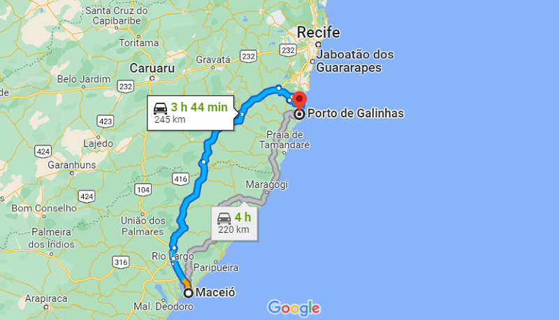 De Maceió para Porto de Galinhas - Mapa