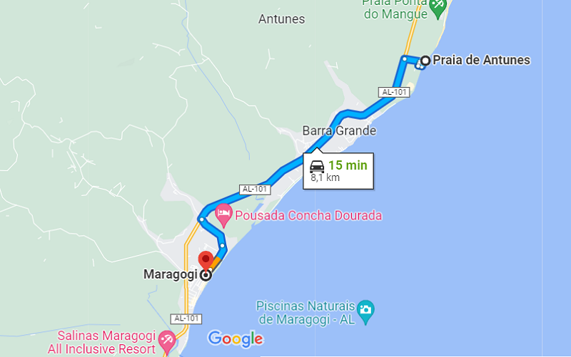 Mapa - Da praia de Antunes para o centro de Maragogi