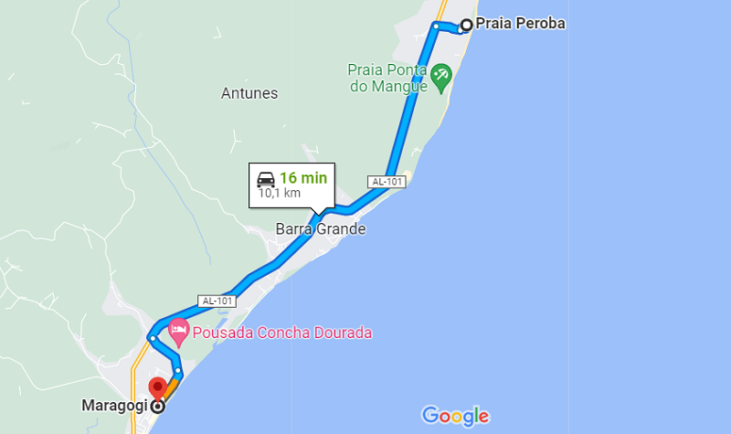 Mapa: Da praia do Peroba até o centro de Maragogi