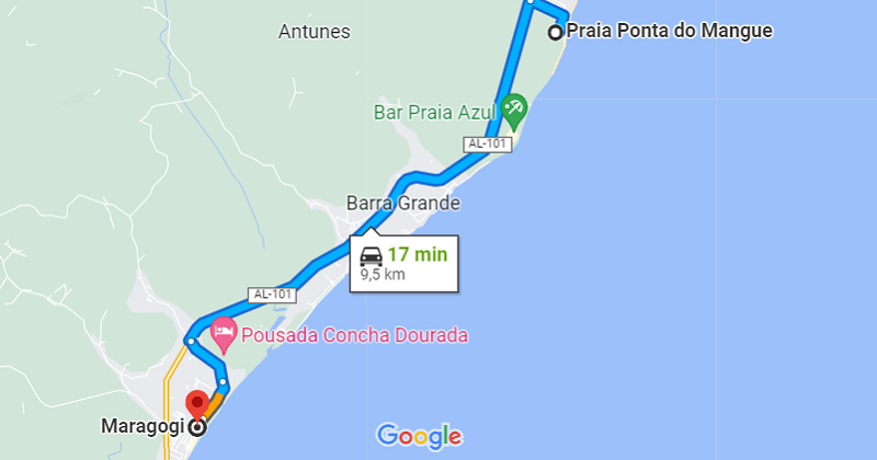 Mapa: Da praia Ponta do Mangue até o centro de Maragogi