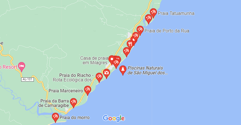 Mapa: Principais praias de São Miguel dos Milagres