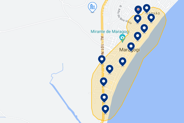 Mapa dos hotéis no centro de Maragogi