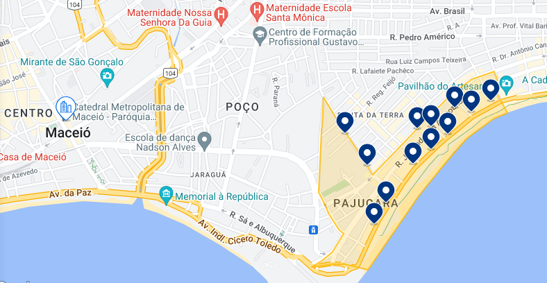 Mapa dos hotéis na região de Pajuçara em Maceió